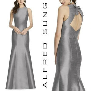 NEW, Alfred Sung, Dupioni, Bow-Back Trumpet Gown,‎ Gray, Silver